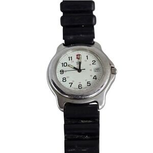 vintage Victorinox Swiss Army Watch Stainless Steel Date Black Strap 8" Tested